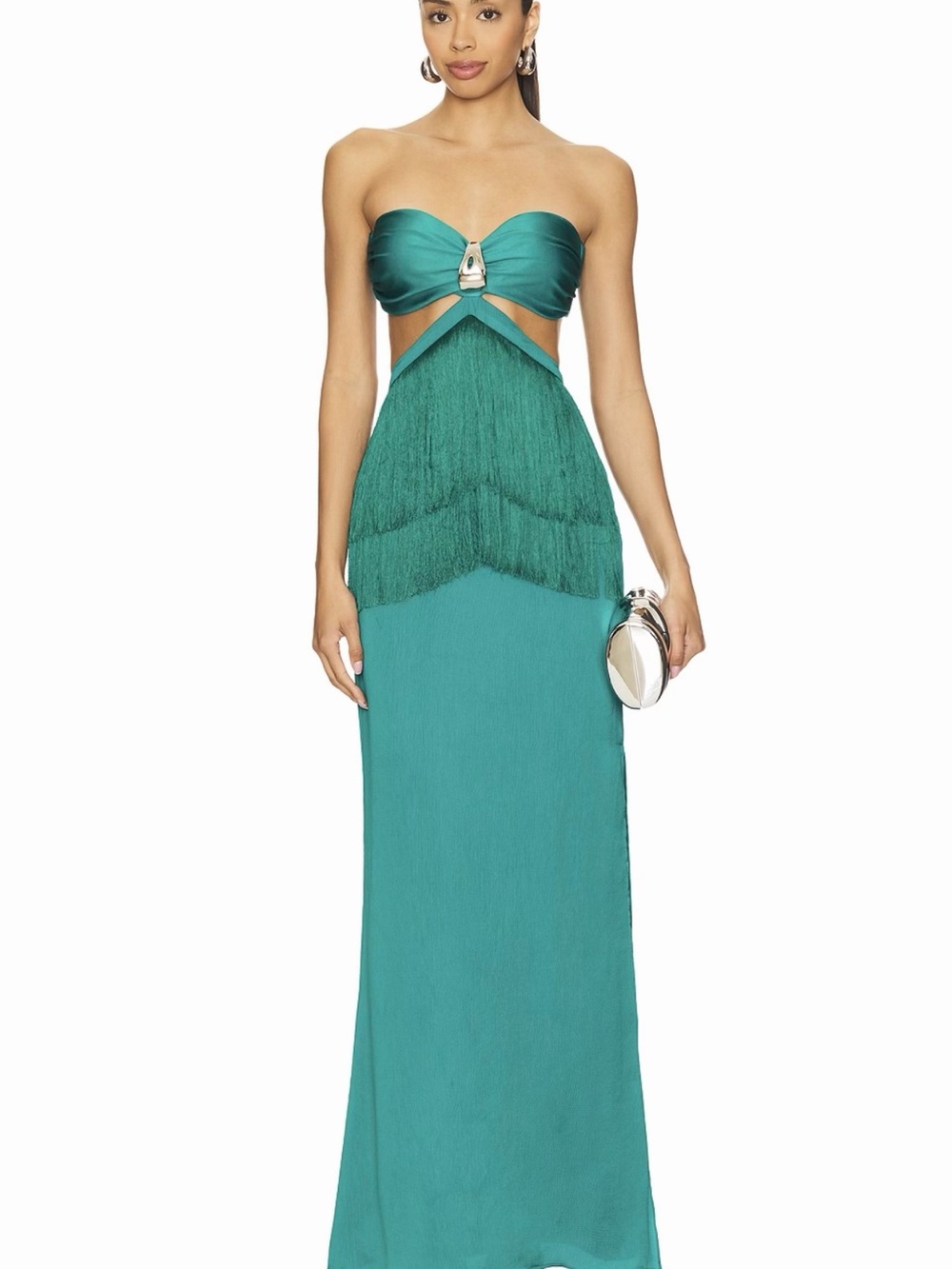 REVOLVE Teal Strapless Fringe Cutout Gown